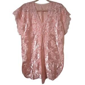 OS Vtg 80s Shirley of Hollywood Pink Satin Top Lace Coquette Glam Seer Sucker